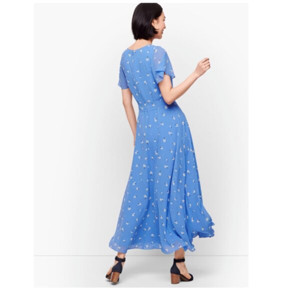 Blue Chiffon Scattered Floral Button Front Midi Dress 16 - Picture 3 of 15